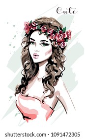 Beautiful young woman portrait. Fashion woman in flower wreath. Cute girl. Sketch. Vector illustration.