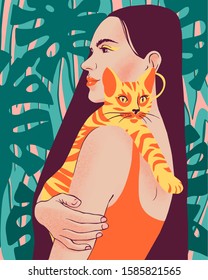 Beautiful young woman portrait holding a cat. Lady with long black hair on summer tropical plants background. Summer Illustration of happy pet owner.