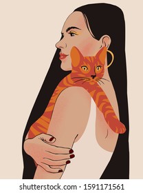 Beautiful young woman portrait holding a cat. Lady with long black hair isolated on pastel background.  Stylish girl with bright makeup. Happy pet owner.