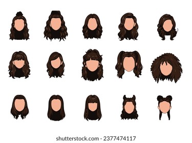 Beautiful young woman portrait modern fashion long hair, short hair girl, curly hair salon hairstyles and trendy haircut female. Vector icon set isolated on white background.