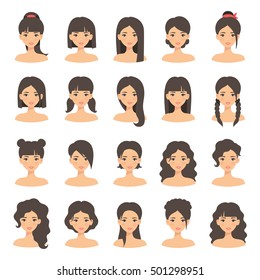 Beautiful young woman portrait modern fashion long hair, short hair, curly hair salon hairstyles and trendy haircut vector icon set isolated on white background. 
