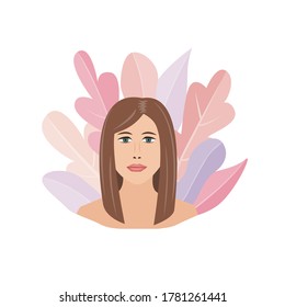 Beautiful young woman portrait on leaves background. Health, beauty, and Self improvement concept. Female character, isolated vector illustration in cartoon flat style.