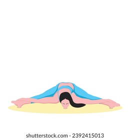 Una bella joven practicando Upavishtha Konasana en una posición de curva hacia adelante con gran angular sentada.Ilustración vectorial plana aislada en fondo blanco.
