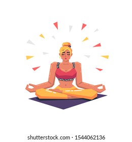 Beautiful young woman practicing yoga in lotus pose. Calm and inner balance. Fitness yoga concept. Modern vector illustration.