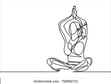 Beautiful young woman practicing yoga, meditating in lotus pose-continuous line drawing 