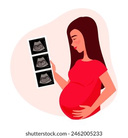 Beautiful young woman with pregnant belly. Pregnant woman with long hair holding photo of baby in her hands. Happy pretty woman looking pictures of embryo. Cartoon vector illustration.
