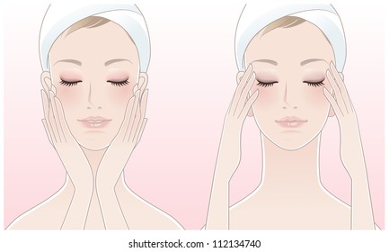 Beautiful young woman pressing temples. Touching her face after beauty treatment. Skin care. Relaxation. Young skin. Facial treatment. 
Clipping mask is used in the EPS file.