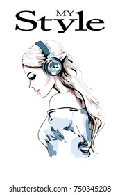 Beautiful young woman profile. Hand drawn woman portrait. Fashion girl in headphones. Sketch. Vector illustration.