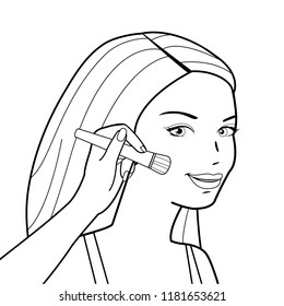 A beautiful young woman putting blush on her cheeks. Vector black and white coloring page.