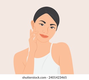 Beautiful young woman with radiant facial skin, woman taking care of her health.Vector illustration.