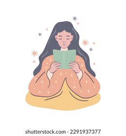 Beautiful young woman reading a book. A girl relaxing. Isolated pastel vector illustration on white background.