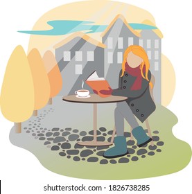 Beautiful young woman reading a fantastic book, she is sitting in a city cafe or park, drinking a hot drink, wonderful autumn day
