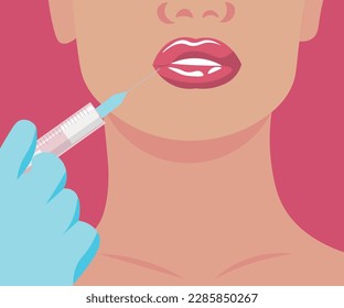Beautiful young woman receiving filler injection in lips on pink