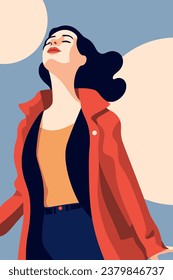 Beautiful young woman in a red coat. Vector illustration in flat style color