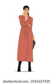 Beautiful young woman in a red coat and with a handbag. Seasonal clothing. City lifestyle. Shopping, fashion and beauty. Flat vector illustration isolated on white background