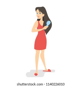 Beautiful young woman in red dress combing long brown hair with blue brush. Isolated vector illustration in cartoon style