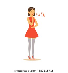 Beautiful young woman in red dress laughing colorful character vector Illustration