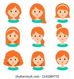 Beautiful young woman with red hair. Different hairstyle and haircuts for salon vector icon set, isolated on white background. Flat style.