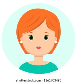 Beautiful young woman with red hair short. Portrait of modern fashion, hairstyle salon, vector icon, isolated on white background. Flat style.