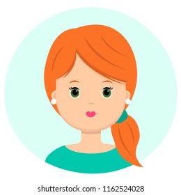 Beautiful young woman with red hair in a bun. Portrait of modern fashion, hairstyle salon, vector icon, isolated on white background. Flat style.