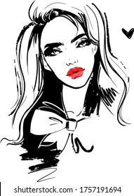 Beautiful young woman with red lips black and white fashion illustration. Hand drawn sketch.