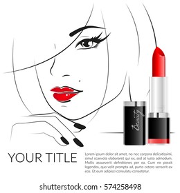 Beautiful young woman with red lips. Beauty treatment concept. Lipstick, make up.