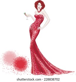 Beautiful young woman in red shiny dress with glass of drink isolated on white background