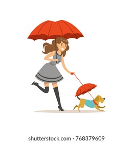 Beautiful young woman with red umbrella walking with her dog flat vector illustration