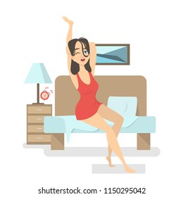 Beautiful young woman in red underwear strecthing up in the bed after a sleep. Pretty girl relaxing on the bed in her bedroom. Isolated vector illustration in cartoon style