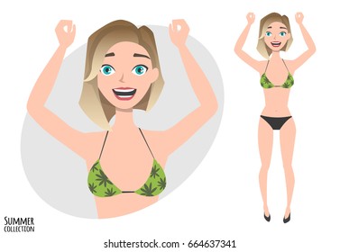 Beautiful young woman rejoices and happy. Portrait of a girl, who loved it. Modern trendy woman in a beach swimsuit.