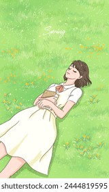 Beautiful young woman relaxing in nature. Carefree girl is resting on spring lawn. Flower field on a summer day. Lies on green grass in park, Warm sunshine. Hand drawn style. Flat vector illustration.