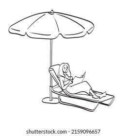 Beautiful young woman relaxing on lounger under umbrella reading newspaper illustration vector hand drawn isolated on white background line art. 