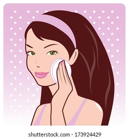 A beautiful young woman removes her make-up with a cotton pad. Vector illustration