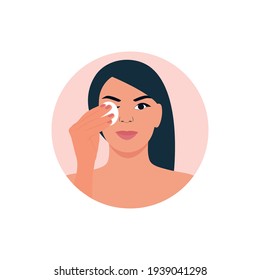 A beautiful young woman removes her make-up with a cotton pad. Girl cleans and wipes face skin.Vector illustration.