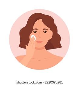 A beautiful young woman removes her make-up with a cotton pad. Girl cleans and wipes face skin.Vector illustration.