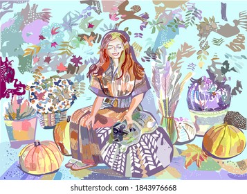 Beautiful young woman resting with dog pug among big orange pumpkins. Warm autumn. Illustration in flat style.