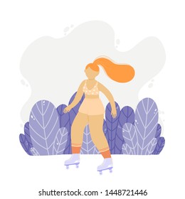Beautiful young woman riding on roller skates on the park. Sport vector illustration in trendy style.
