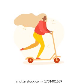 Beautiful young woman riding a scooter. Happy female character. Summer event. Concept of active lifestyle and recreation. Vector flat illustration in cartoon style  on a white background.