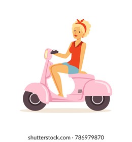 Beautiful young woman riding vintage scooter, girl dressed in retro style vector Illustration