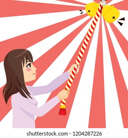 Beautiful young woman ringing Japanese suzu bell with comic background style