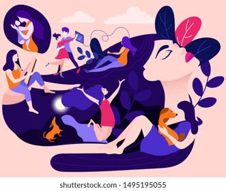 Beautiful young woman and scenes from her life. Concept of memories and thoughts, positive and negative traumatic experience, psychological trauma. Flat cartoon vector illustration.