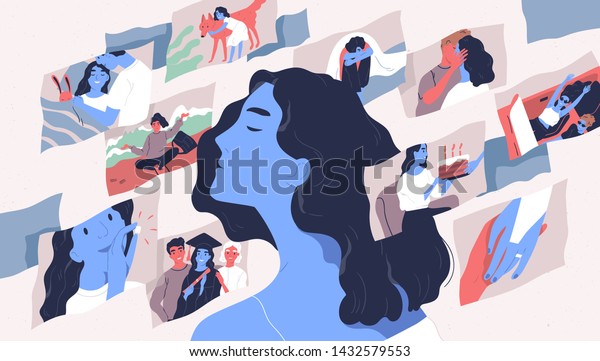 Beautiful young woman and scenes from her\
life. Concept of memories and thoughts, positive and negative\
traumatic experience, psychological trauma. Flat cartoon colorful\
vector illustration.