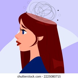 Beautiful young woman with scribbles in her head on color background. Dyslexia concept