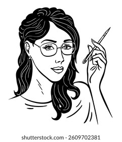 Beautiful young woman secretary with a pen in her hand. Intelligent girl in glasses. Portrait female. Work, business and finance. Black and white vector illustration sketch. Hand drawn art style