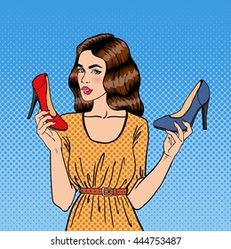 Beautiful Young Woman with Shoes. Girl Choosing Footwear, Pop Art. Vector illustration