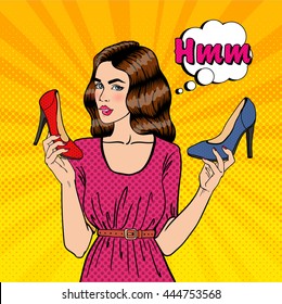 Beautiful Young Woman with Shoes. Girl Choosing Footwear, Pop Art. Vector illustration