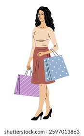 Beautiful young woman with shopping. Modern girl in the store. Beauty and fashion. City life. Vector illustration isolated on white