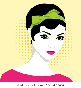 Beautiful young woman with short black hair with green ribbon in her hair, wearing pink dress, against yellow spotted background, simple vector illustration