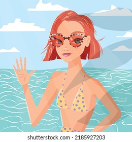 Beautiful young woman with short red hair, sunglasses and in bathing suit waving in front of ocean and clear blue sky. Colorful vector illustration. 