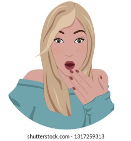 Beautiful young woman in shoulder off dress is surprised. Flat vector illustration, eps 10